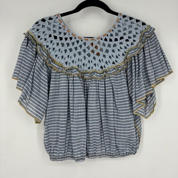 Free People Allora Crochet Cropped Boho Top Blue Stripe Medium - Picture 5 of 9